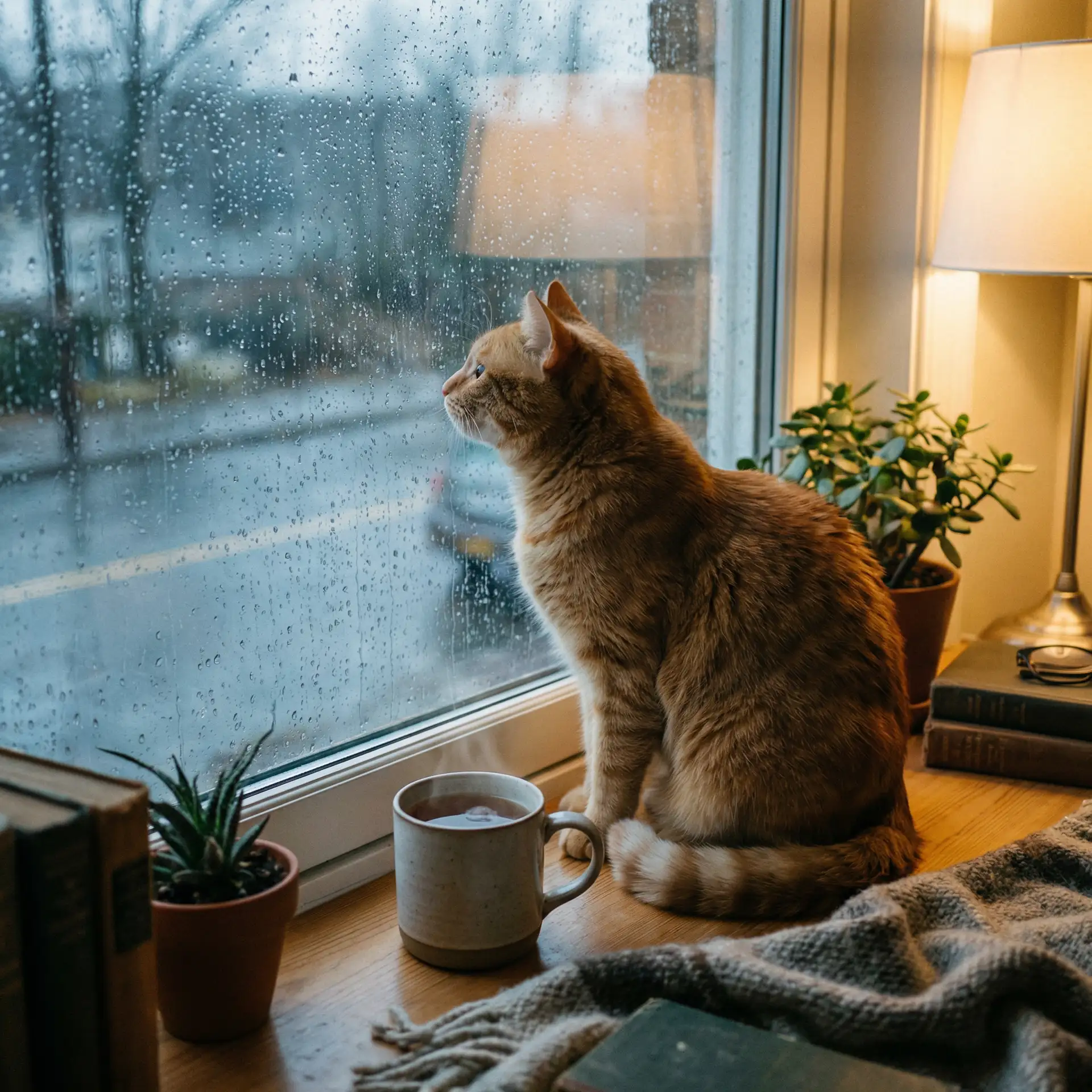 猫咪望着窗外的雨 - 天降女子动漫